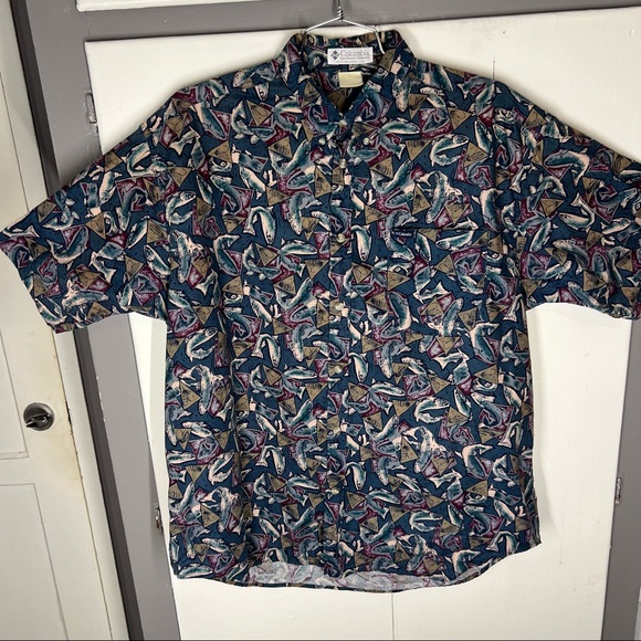 Columbia mens vintage novelty retro fish print causal button down shirt size XL - Picture 1 of 5